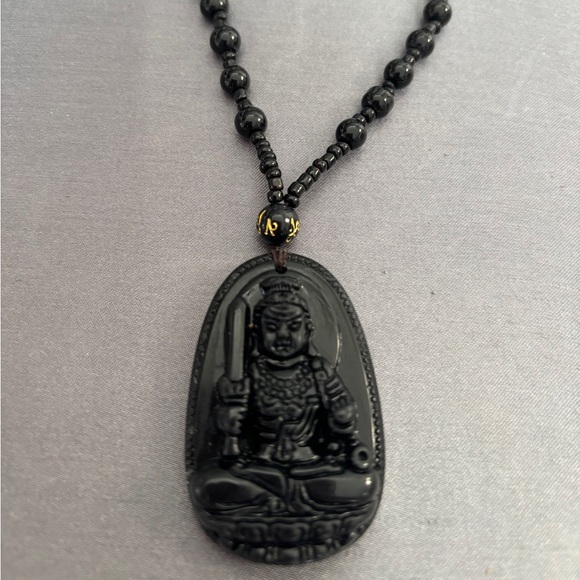 Black Jade Buddha Pendant Necklace EYE CANDY LOS ANGELES 24” Like New - Picture 4 of 6